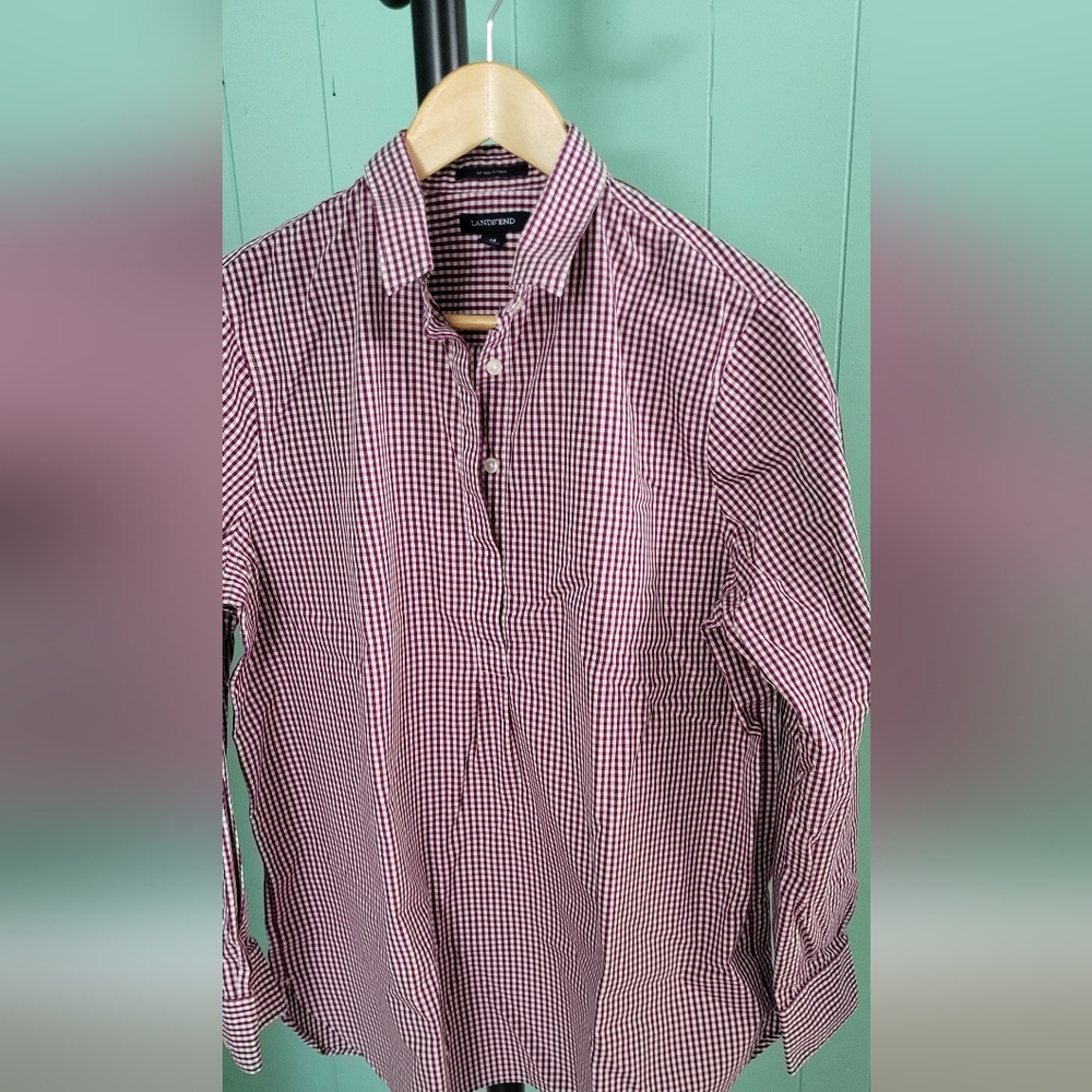 Maroon Gingham, Lands End. 100% Cotton Tunic, Size 14